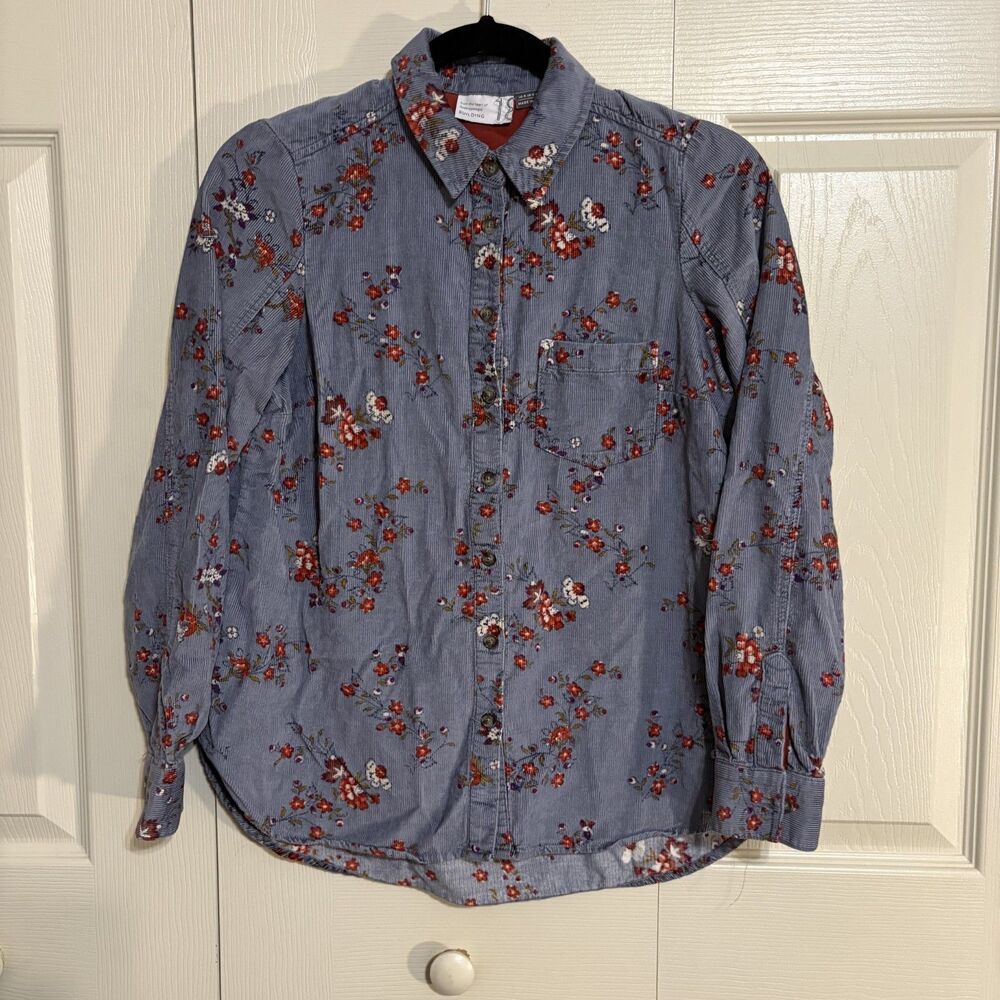 Anthropologie Women's Corduroy Blue floral button down Size 0 Hi low